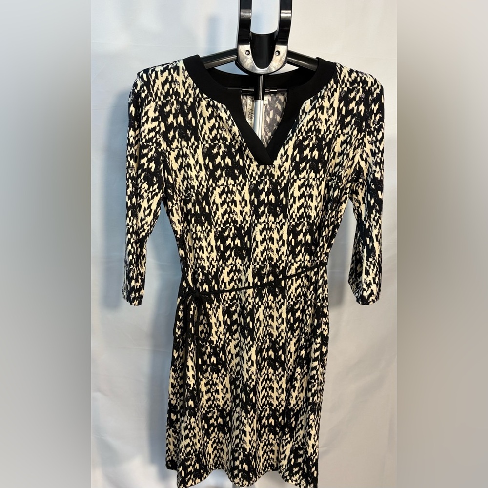 Emma & Michele Black Cream Abstract Print Dress 3/4 Sleeve Small